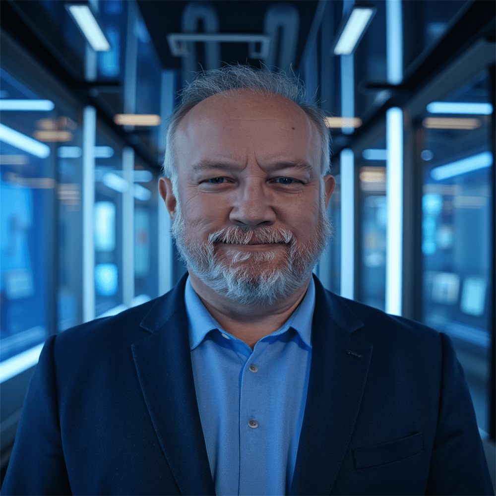 Robert Rohlin in a high-tech data center corridor